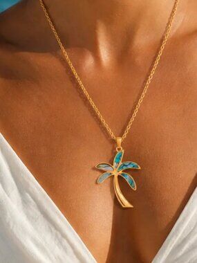 Waterproof Palm Tree Abalone Shell Necklace Long Gold Rope Chain Resort Wear